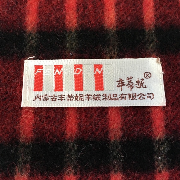 FENGDINI Scarf Wool Cashmere Blend Red Black Tan Check Rectangle 12" x 58" Soft - Picture 4 of 4